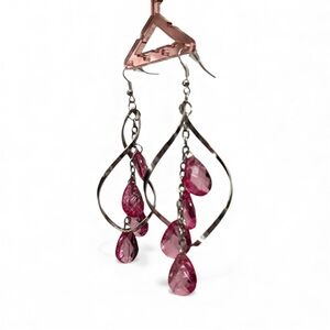 Silver-Tone Swirl Dangle Drop Earrings with Pink Faceted Teardrop Crystal Beads